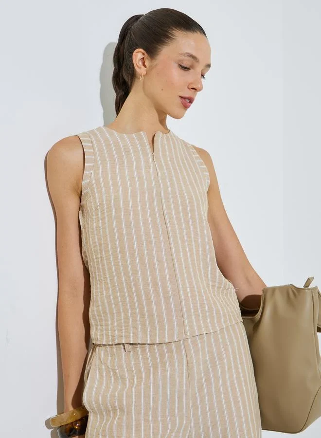 Styli Beige Striped Sleeveless Top