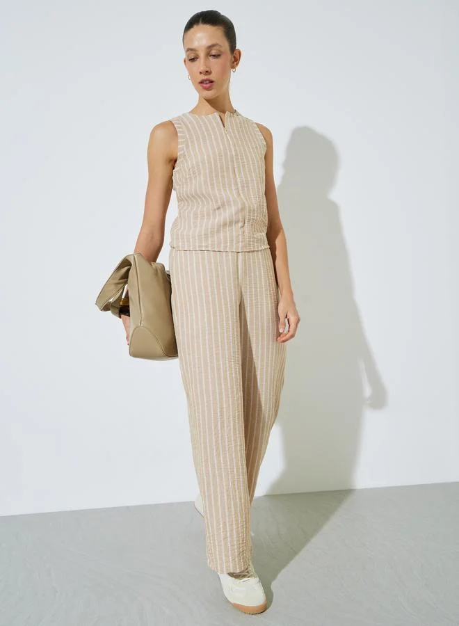 Styli Beige Striped Sleeveless Top