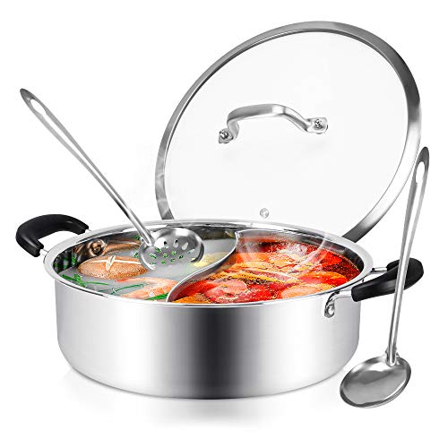 HOXHA Hot Pot with Divider, Shabu Shabu Hot Pots Food Grade Stainless Steel Chinese Dual Sided Pot Set for Induction Cooktop Gas Stove - Image 1