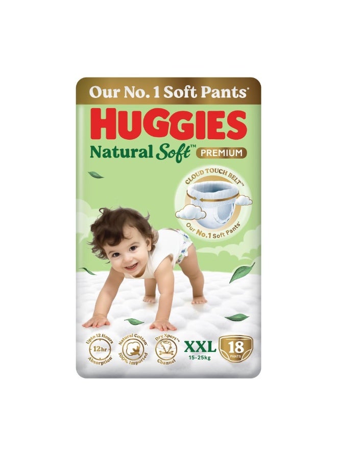 Huggies Natural Soft Premium Baby Diaper Pants, Our No.1 Soft Pants, Double Extra Large (XXL) Size (15-25 Kgs), Pack of 18 diapers | Cloud Softness All over with India's 1st Cloud Touch BeltTM - Image 1