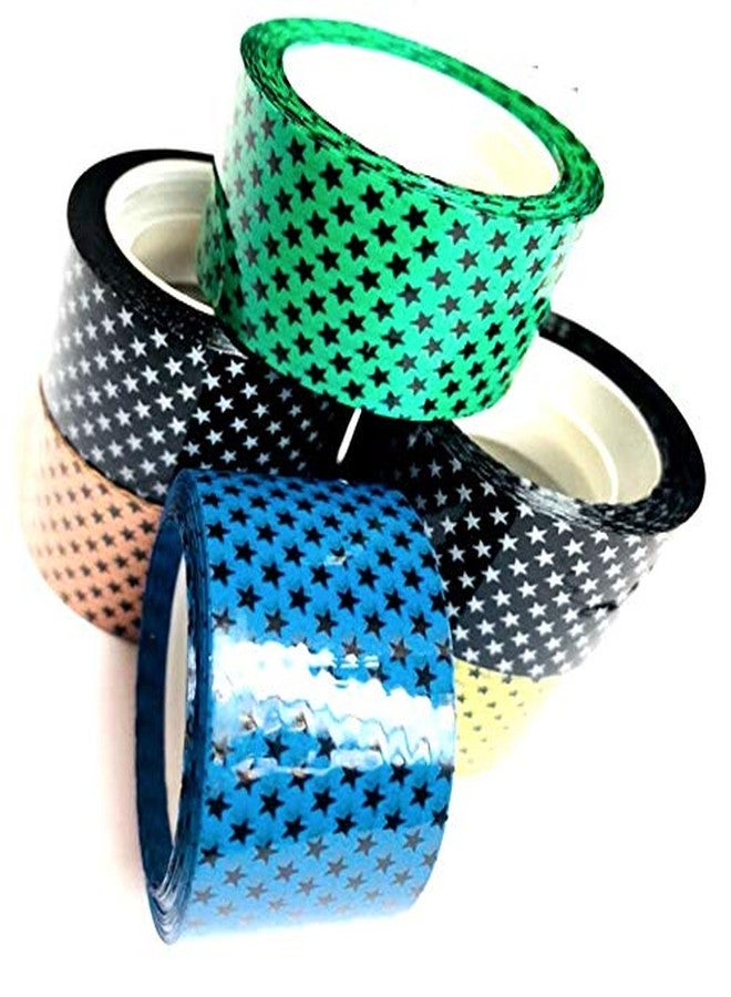A'SHOP Non-Residual Adhesive Cello Tape for Art and Crafts for Boys & Girls 25MM x 30MTR Set of 6 Tapes Green Blue Yellow Orange Black Star Printed - Image 1