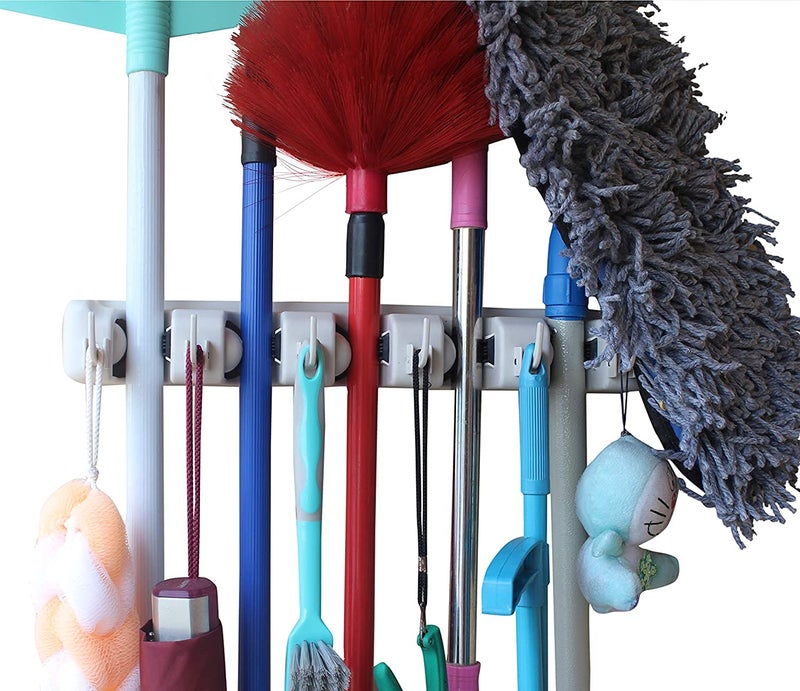 VEHTRI Mop Broom Holder Wall Mounted Commercial Organizer Storage Rack for Garden Tools Kitchen Garage and Laundry 5 Slots with 6 Hooks - Image 2
