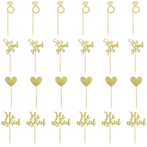 Sliverdew 24 Pcs He Asked She Said Yes Cake Topper Gold Cupcake Toppers Heart Diamond Ring Cupcake Picks Glitter Cupcake Decorations for Wedding Engagement Bridal Shower Party Cake Decorations - Image 1