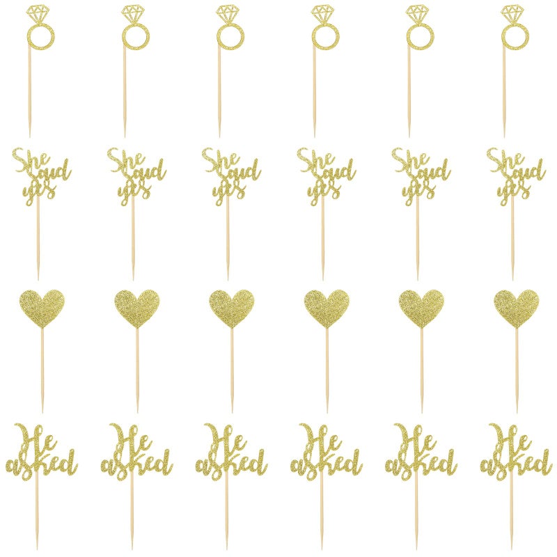 Sliverdew 24 Pcs He Asked She Said Yes Cake Topper Gold Cupcake Toppers Heart Diamond Ring Cupcake Picks Glitter Cupcake Decorations for Wedding Engagement Bridal Shower Party Cake Decorations - Image 3
