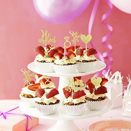 Sliverdew 24 Pcs He Asked She Said Yes Cake Topper Gold Cupcake Toppers Heart Diamond Ring Cupcake Picks Glitter Cupcake Decorations for Wedding Engagement Bridal Shower Party Cake Decorations - Image 5