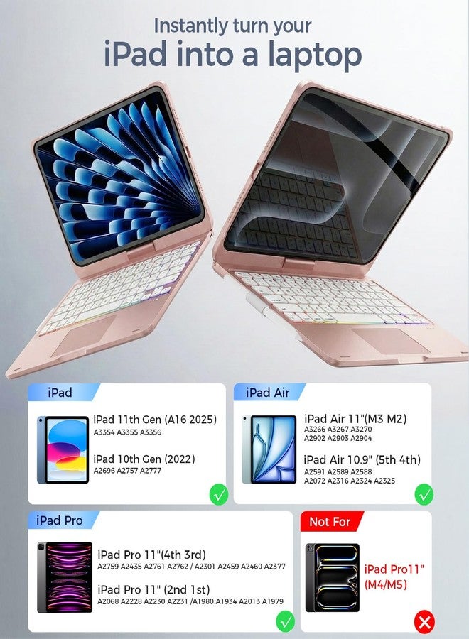 جراب NOKBABO لجهاز iPad من الجيل العاشر مع لوحة مفاتيح، وإضاءة خلفية بألوان قوس قزح، ودوران 360 درجة، ولوحة لمس مدمجة وحامل قلم، جراب لوحة مفاتيح لجهاز iPad من الجيل العاشر مقاس 10.9 بوصة - وردي فاتح - Image 2