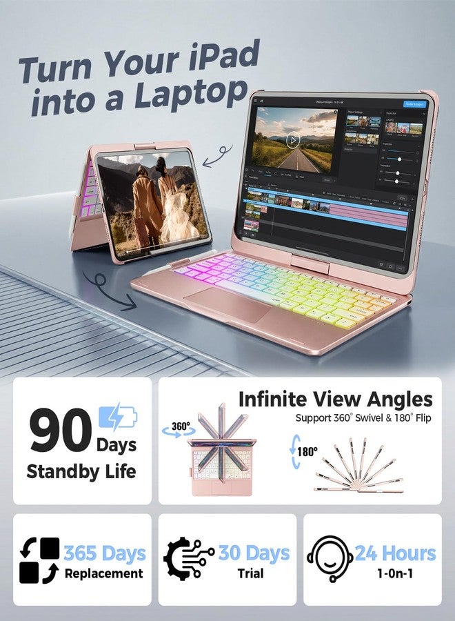 جراب NOKBABO لجهاز iPad من الجيل العاشر مع لوحة مفاتيح، وإضاءة خلفية بألوان قوس قزح، ودوران 360 درجة، ولوحة لمس مدمجة وحامل قلم، جراب لوحة مفاتيح لجهاز iPad من الجيل العاشر مقاس 10.9 بوصة - وردي فاتح - Image 4