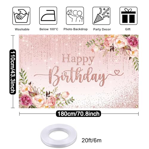 Mocsicka Happy Birthday Backdrop Decorations for Women Pink Flowers Glitters Birthday Banner Photo Background Party Decorations 70.8 x 43.3 Inch - Image 5