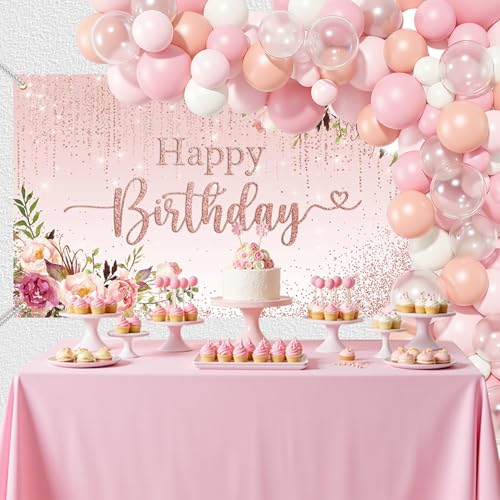 Mocsicka Happy Birthday Backdrop Decorations for Women Pink Flowers Glitters Birthday Banner Photo Background Party Decorations 70.8 x 43.3 Inch - Image 2