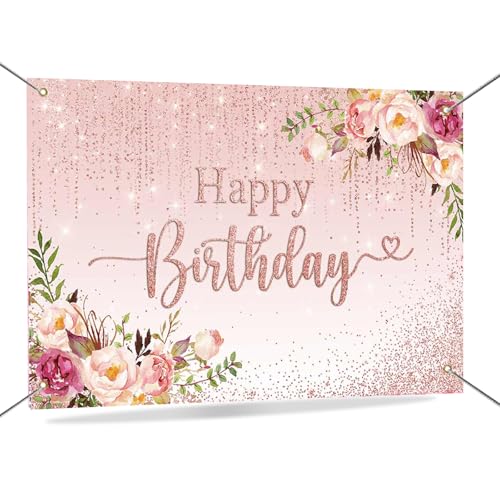 Mocsicka Happy Birthday Backdrop Decorations for Women Pink Flowers Glitters Birthday Banner Photo Background Party Decorations 70.8 x 43.3 Inch - Image 1