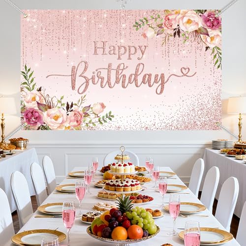 Mocsicka Happy Birthday Backdrop Decorations for Women Pink Flowers Glitters Birthday Banner Photo Background Party Decorations 70.8 x 43.3 Inch - Image 4
