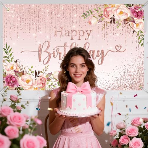 Mocsicka Happy Birthday Backdrop Decorations for Women Pink Flowers Glitters Birthday Banner Photo Background Party Decorations 70.8 x 43.3 Inch - Image 3
