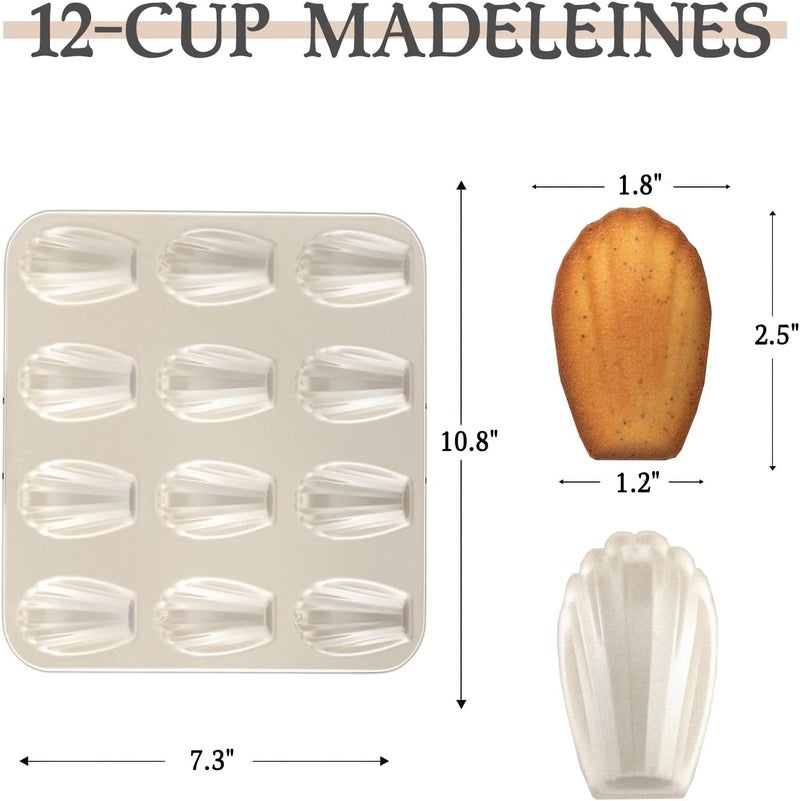 FOR BAKE 12-Cavity Madeleines Cak Pan 2Pcs, Non-Stick Shell Shape Mold, Heavy Duty Carbon Steel Cake Pans for Oven Baking,Golden - Bake Like a Pro - Image 2