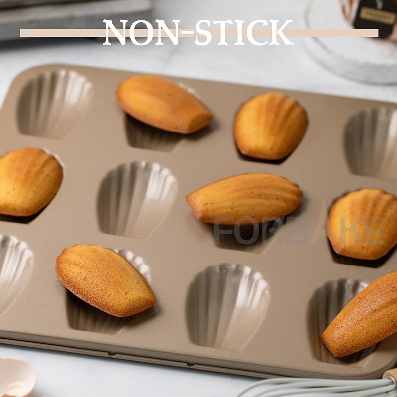 FOR BAKE 12-Cavity Madeleines Cak Pan 2Pcs, Non-Stick Shell Shape Mold, Heavy Duty Carbon Steel Cake Pans for Oven Baking,Golden - Bake Like a Pro - Image 4