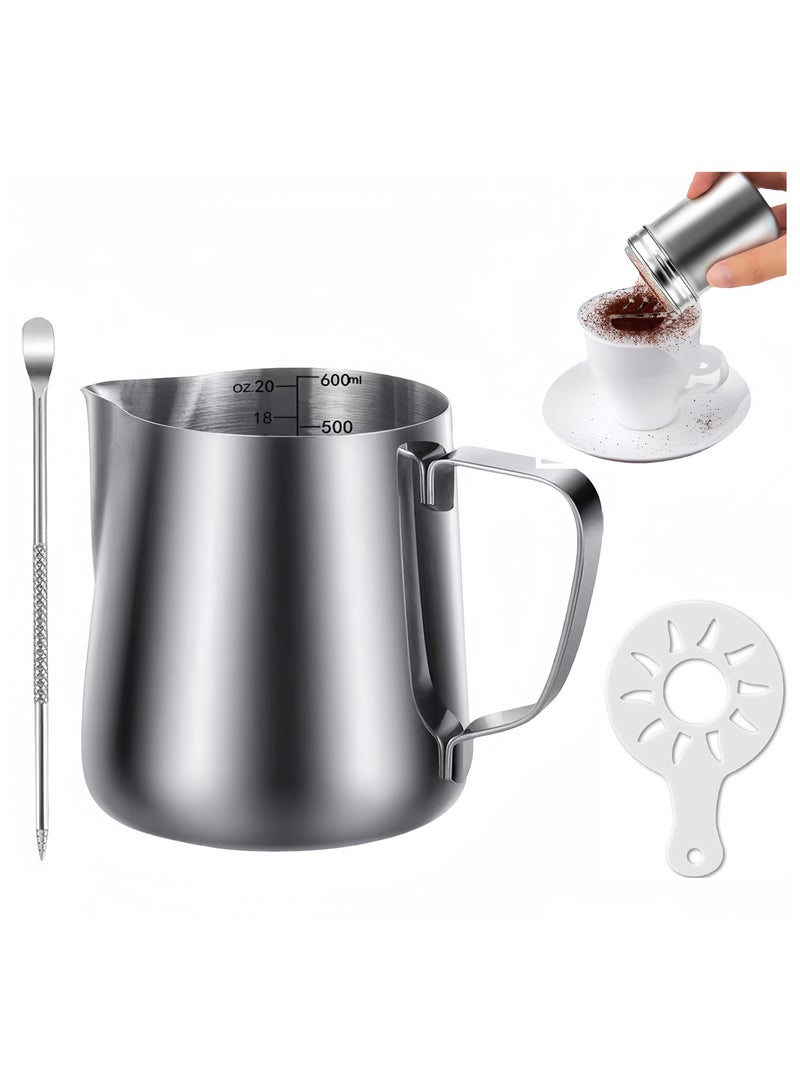 600ml Milk Frothing Jug  Stainless Steel Milk Pitcher Cup Barista Milk Jug  Stainless Steel Powder Shakers and Coffee Decorating Art Pen  Coffee Latte Art Stencils for Making Coffee Cappuccino Frothing Milk Coffee Machine  - Image 1