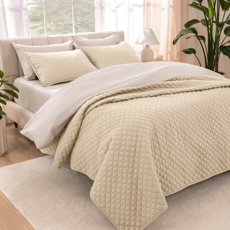 Bare Home Coverlet Set - Full/Queen - Lightweight Bed Decor - Comforter Alternative - All-Season Quilted Bedspread (Full/Queen, Sand) - Image 1