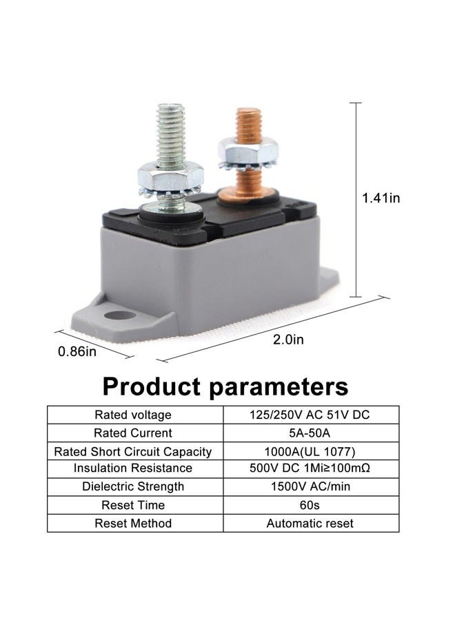 N.C 20A DC 12V - 24V- 48V Automatic Reset Circuit Breaker with Cover Stud Bolt for for Battery Chargers, Trucks, Buses, Electric Cars, Car Engines and More - Image 2