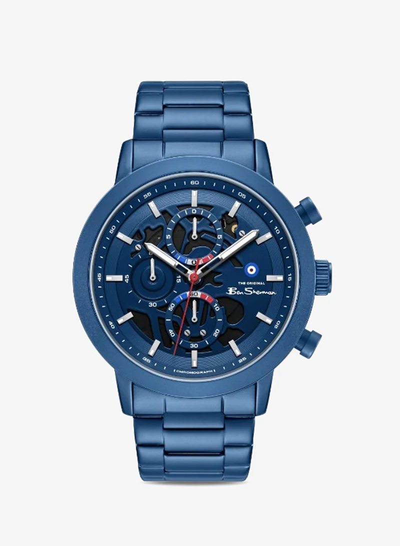 بين شيرمان Nottingham Blue Dial Blue Stainless Steel Bracelet Chronograph Watch for Men, 44mm