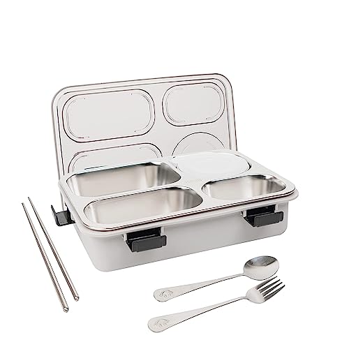 Storescent Lunch Box with Compartment, Leak-Proof BPA Free Stainless Steel for School, Lunch Box for School & Office with a Fork, a Spoon and a Pair of Chopsticks (Grey, 4 Compartment) - Image 1