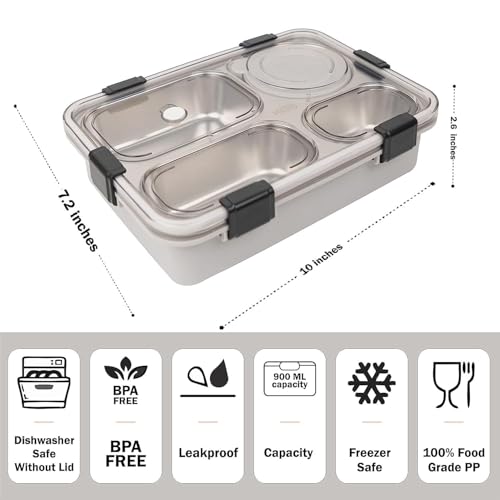 Storescent Lunch Box with Compartment, Leak-Proof BPA Free Stainless Steel for School, Lunch Box for School & Office with a Fork, a Spoon and a Pair of Chopsticks (Grey, 4 Compartment) - Image 3