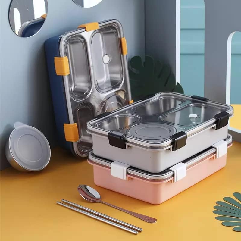 Storescent Lunch Box with Compartment, Leak-Proof BPA Free Stainless Steel for School, Lunch Box for School & Office with a Fork, a Spoon and a Pair of Chopsticks (Grey, 4 Compartment) - Image 2