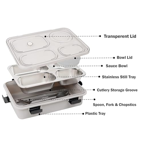 Storescent Lunch Box with Compartment, Leak-Proof BPA Free Stainless Steel for School, Lunch Box for School & Office with a Fork, a Spoon and a Pair of Chopsticks (Grey, 4 Compartment) - Image 4