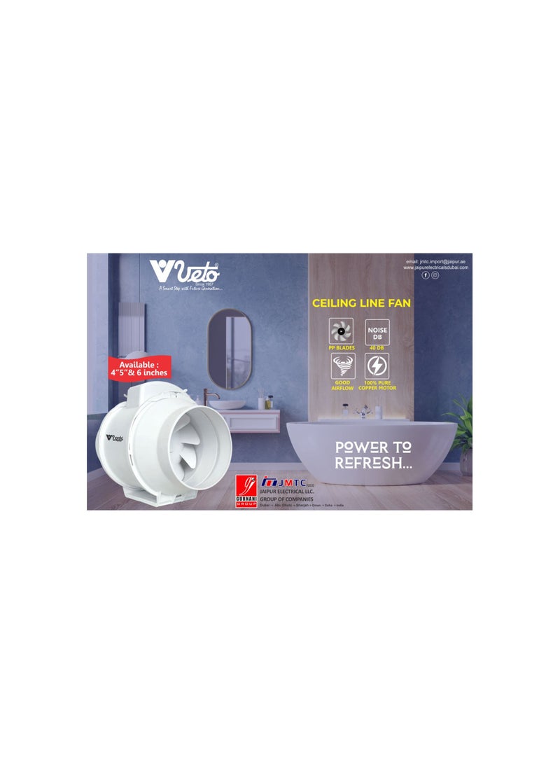 Veto مروحة فيتو 5 بوصة 220 فولت صامتة مختلطة التدفق/مروحة مجرى هواء خطية/مروحة مجرى هواء خطية/مروحة مجرى هواء خطية/مروحة دائرية خطية منخفضة الضوضاء، للحمامات والمطابخ والفنادق والمستودعات والمقاهي وما إلى ذلك - Image 2