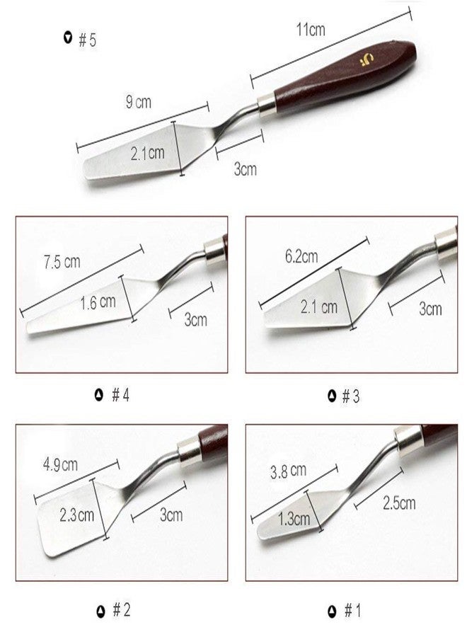 KANABEE Set of 5 Palette Painting Knives of Various Sizes & Shapes, Stainless Steel Scraper Spatula Polished Brown Handle for Artist Canvas Oil Paint Color Mixing - Image 3