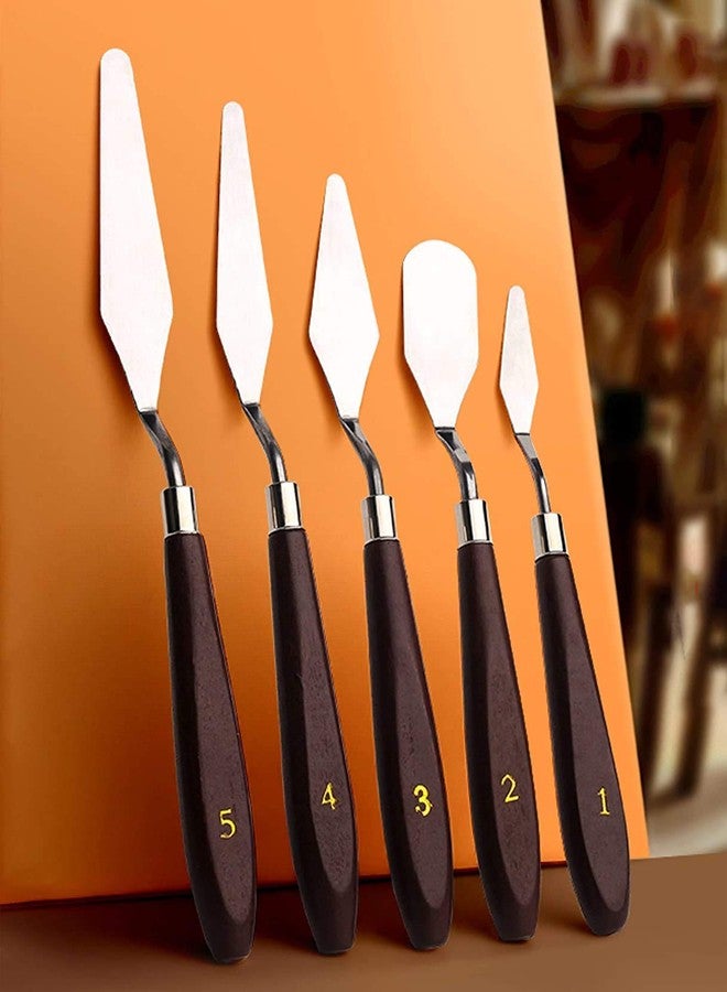 KANABEE Set of 5 Palette Painting Knives of Various Sizes & Shapes, Stainless Steel Scraper Spatula Polished Brown Handle for Artist Canvas Oil Paint Color Mixing - Image 1