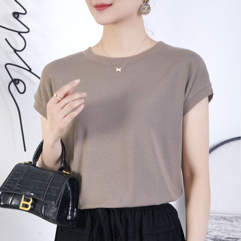 Tiktok batwing sleeve t-shirt women's round neck summer solid color simple small flying sleeve casual all-match loose short sleeve t-shirt women - Image 1