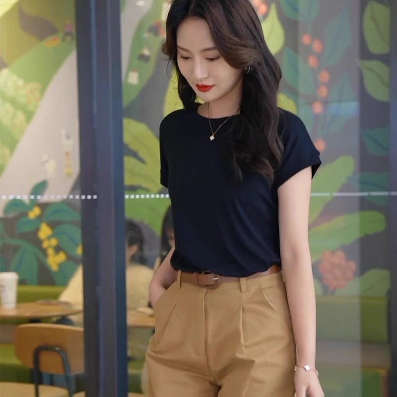 Tiktok batwing sleeve t-shirt women's round neck summer solid color simple small flying sleeve casual all-match loose short sleeve t-shirt women - Image 3
