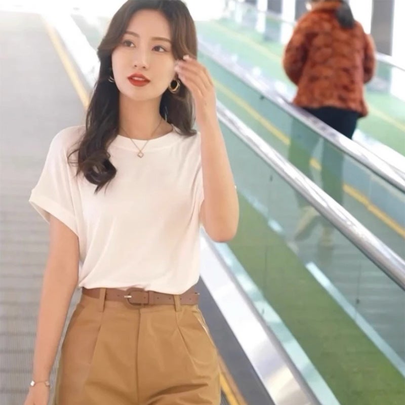 Tiktok batwing sleeve t-shirt women's round neck summer solid color simple small flying sleeve casual all-match loose short sleeve t-shirt women - Image 4