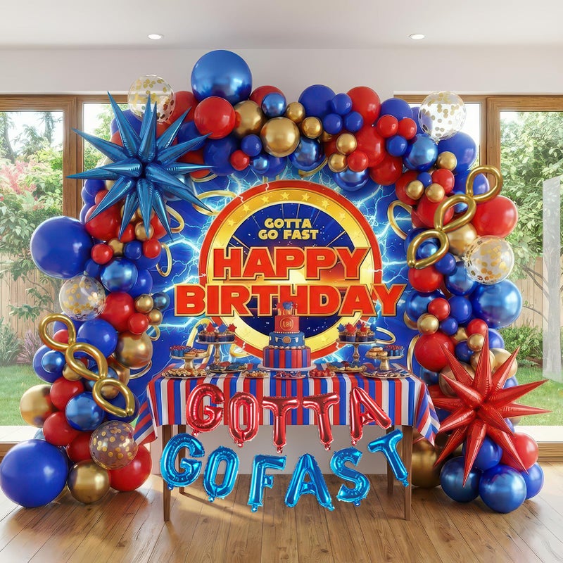 kozee Red Blue Gold Hedgehog Birthday Party Decorations With Small Balloon Arches Gotta Go Fast Letter Star Foil Balloons Backdrop For Video Game Cartoon Movies Super Hero Themed Birthday Party Decor - Image 2
