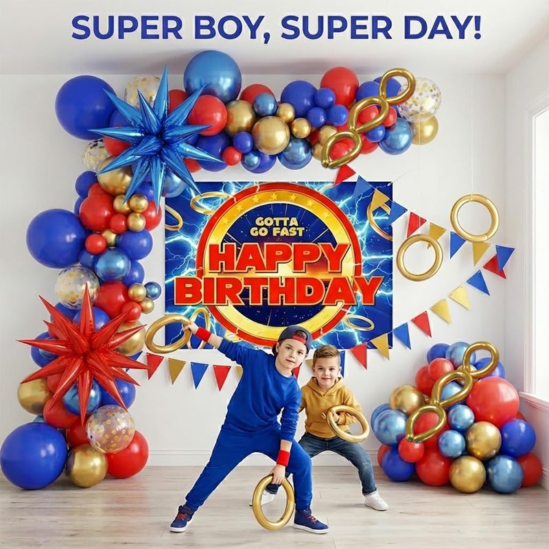 kozee Red Blue Gold Hedgehog Birthday Party Decorations With Small Balloon Arches Gotta Go Fast Letter Star Foil Balloons Backdrop For Video Game Cartoon Movies Super Hero Themed Birthday Party Decor - Image 5