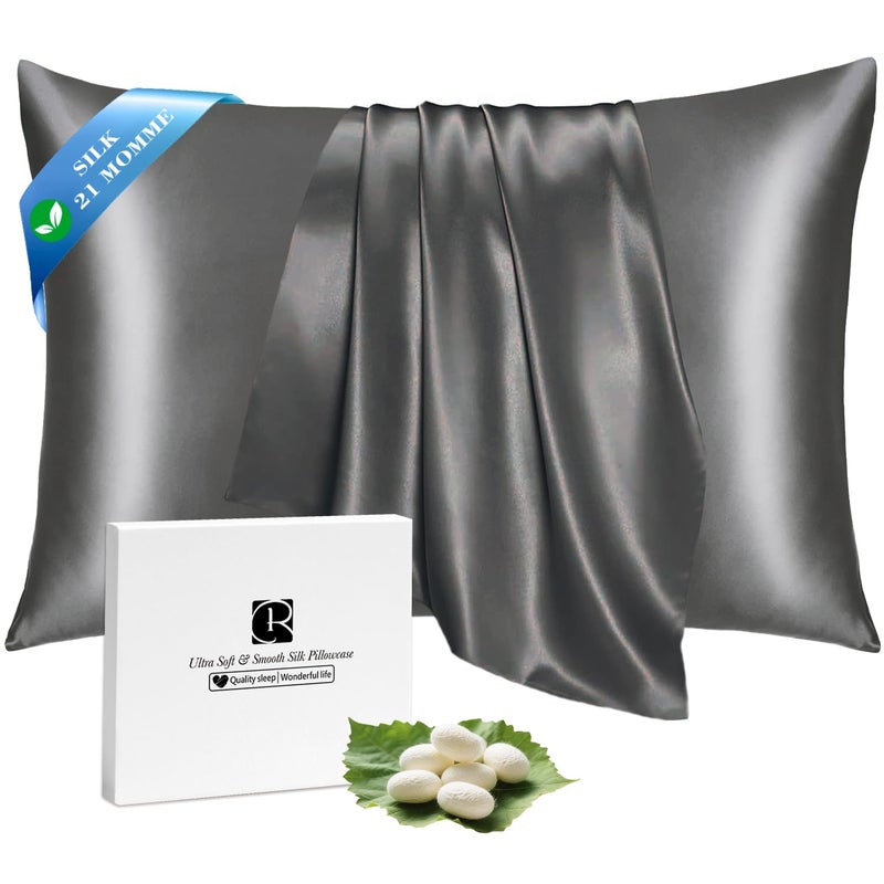 Ravmix Silk Pillow Cases with Zipper 21momme Mulberry Silk Pillowcase for Hair Skin Health Soft Smooth Breathable Cool Pillow Cover for Beauty Sleep with Gift Box 1PCKing 20x36 Space Gray