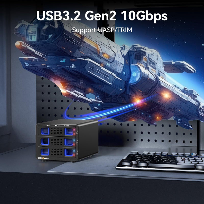 cenmate Hybrid 2*2.5/3.5" SATA HDD/SSD(Support RAID 1/0/JBOD/NORMAL)+3* M / B+M Key M.2 NVMe Enclosure with Fan, USB A/C 3.2 Gen 2, Hard Drive Enclosure Support 68TB(2*22TB HDD+3*8TB 2230/42/60/80/110 SSDs) - Image 4