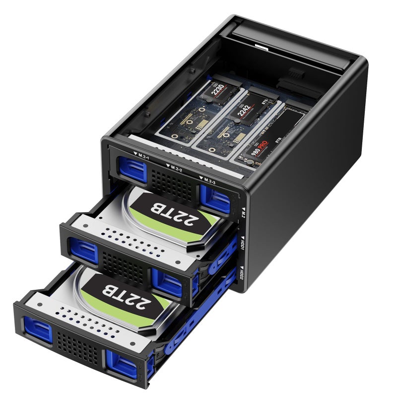 cenmate Hybrid 2*2.5/3.5" SATA HDD/SSD(Support RAID 1/0/JBOD/NORMAL)+3* M / B+M Key M.2 NVMe Enclosure with Fan, USB A/C 3.2 Gen 2, Hard Drive Enclosure Support 68TB(2*22TB HDD+3*8TB 2230/42/60/80/110 SSDs) - Image 1