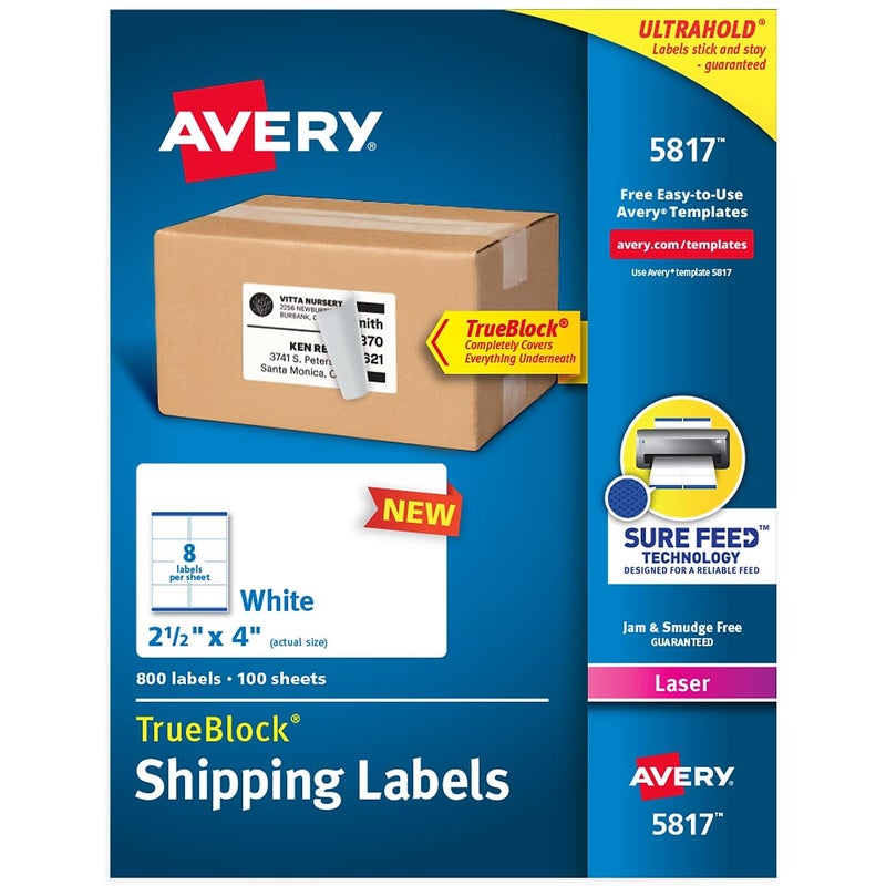 Avery Printable Blank Shipping Labels 25 x 4 White 800 Labels Laser Printer Permanent Adhesive 5817