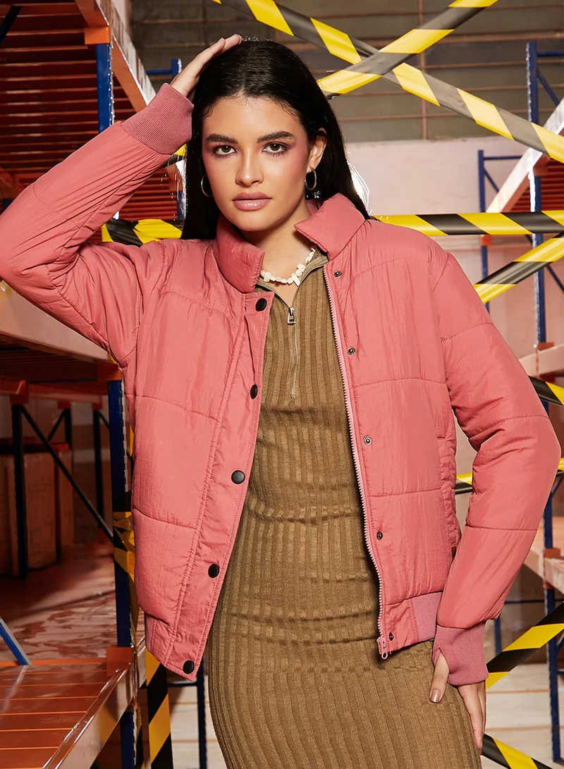 PINACOLADA Women's Salmon Pink Puffer Jacket With Ribbed Hem