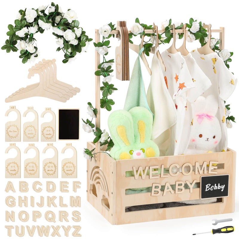 Jupwalz Wooden Baby Shower Crate Closet With Hangers, Letters, Dividers - Easy Assembly Basket for Newborn Boys Girls - Pregnancy Gifts for New Parents - Image 1