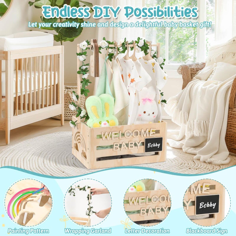 Jupwalz Wooden Baby Shower Crate Closet With Hangers, Letters, Dividers - Easy Assembly Basket for Newborn Boys Girls - Pregnancy Gifts for New Parents - Image 3