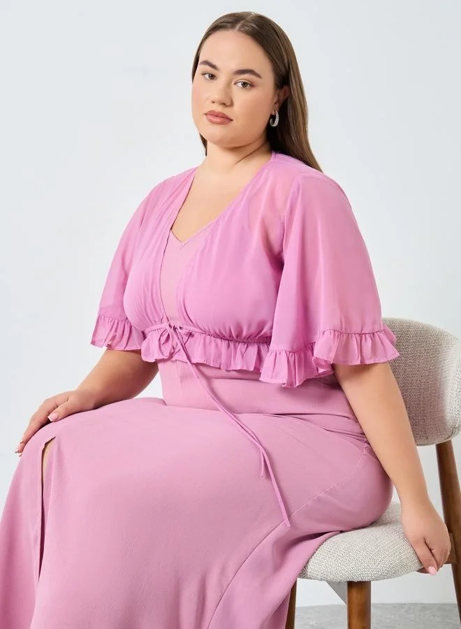 Styli Plus Size Pink Ruffled Detail Maxi Dress