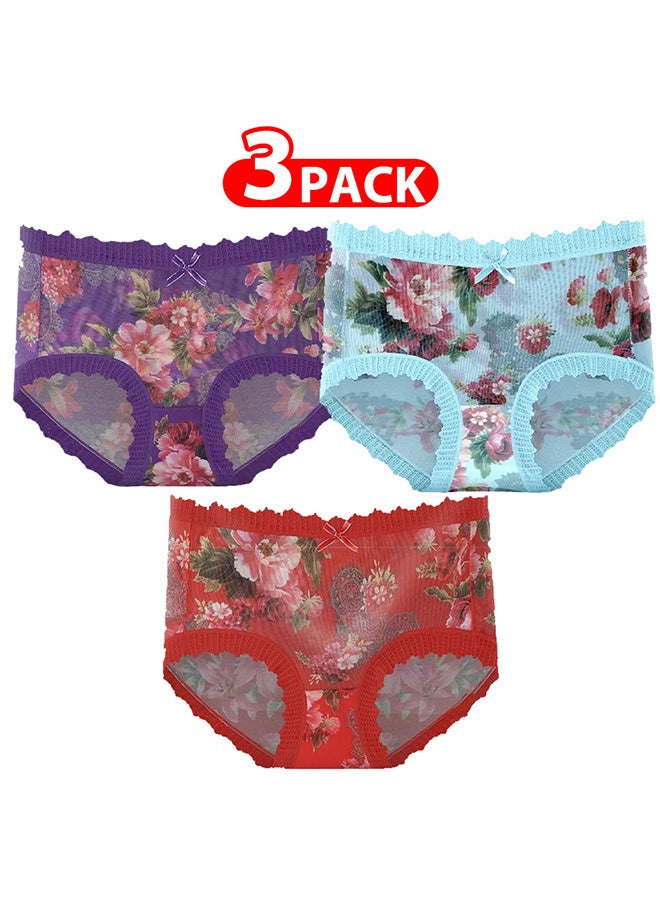 MARGOUN 3 Packs Women's Large Size Ultra-thin Panties Women Lace Briefs Ice Silk Mid-Waist Panties Female Lingerie Fashion Flower Print Seamless Underwear/M (Waist 22'')--L (Waist 24'')--XL (Waist 26'') - Image 1