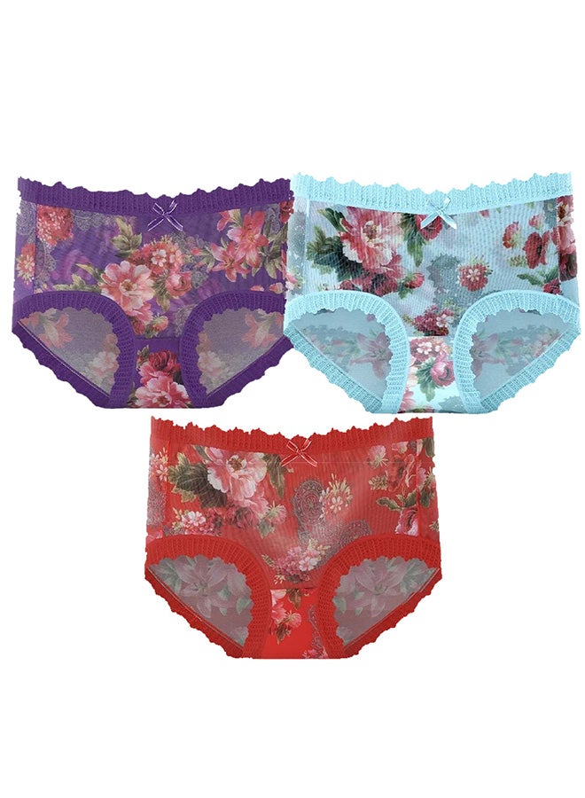 MARGOUN 3 Packs Women's Large Size Ultra-thin Panties Women Lace Briefs Ice Silk Mid-Waist Panties Female Lingerie Fashion Flower Print Seamless Underwear/M (Waist 22'')--L (Waist 24'')--XL (Waist 26'') - Image 3