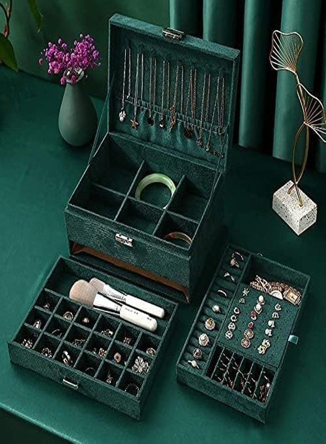 Drumil Women Jewelry Box Lockable 3 Layers Large Jewelry Organizer Storage Case for Earrings Necklaces Rings Bracelets,Green Display Jewel Holder (Navy) - Image 1