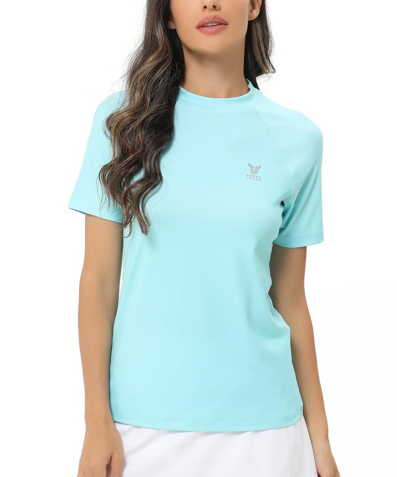 HUGE SPORTS تي شيرت رياضي نسائي بأكمام قصيرة UPF 50+ بلون أخضر فاتح XL - Image 1