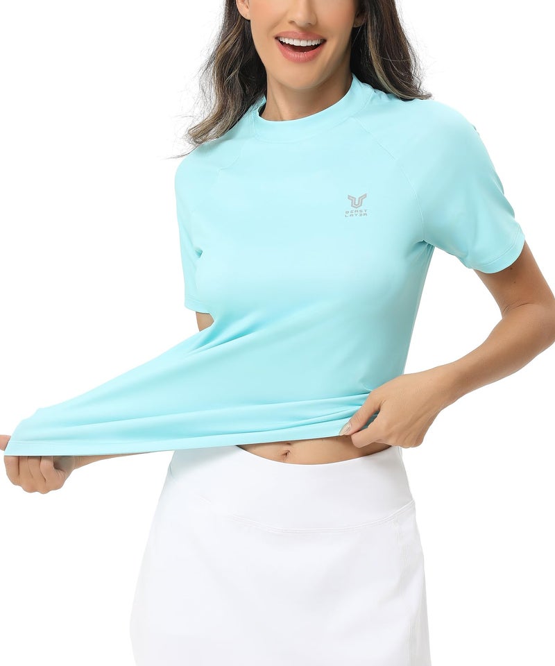 HUGE SPORTS تي شيرت رياضي نسائي بأكمام قصيرة UPF 50+ بلون أخضر فاتح XL - Image 3