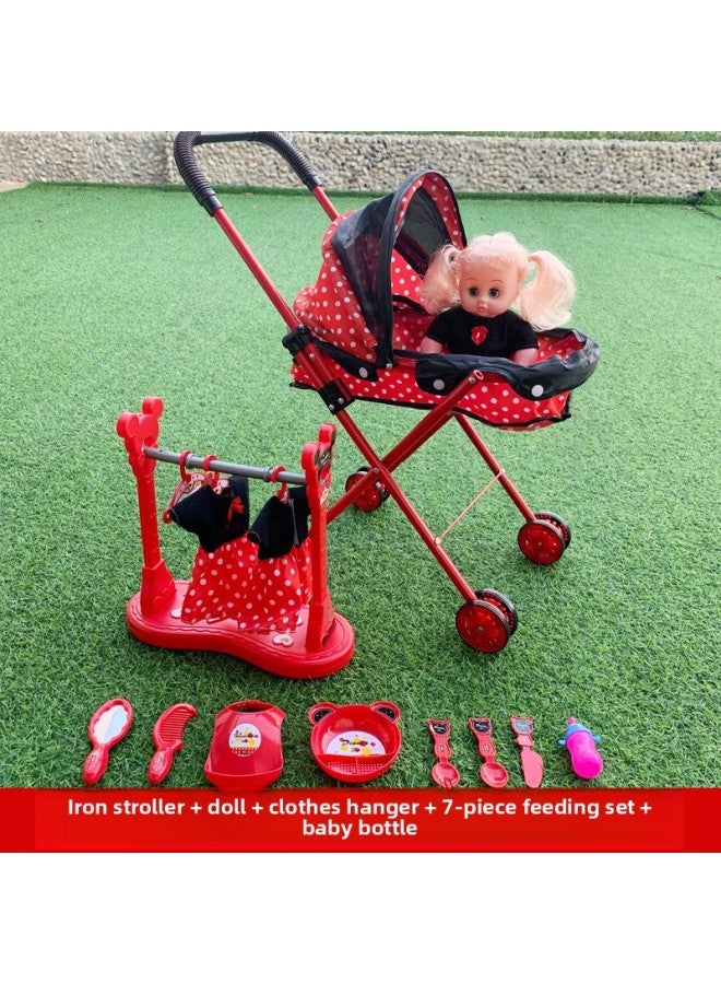Children's Large Trolley Toy Girls Children's Play House Folding With Doll Simulation Hardcore Baby Shopping Cart-Color:Red Cart +360 Minnie + Hanger - Image 1