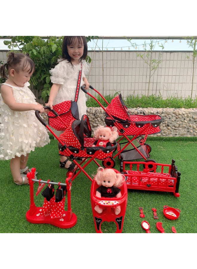 Children's Large Trolley Toy Girls Children's Play House Folding With Doll Simulation Hardcore Baby Shopping Cart-Color:Red Cart +360 Minnie + Hanger - Image 5