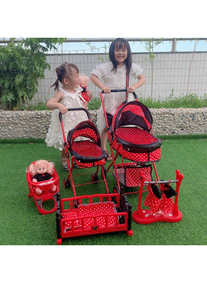 Children's Large Trolley Toy Girls Children's Play House Folding With Doll Simulation Hardcore Baby Shopping Cart-Color:Red Cart +360 Minnie + Hanger - Image 3